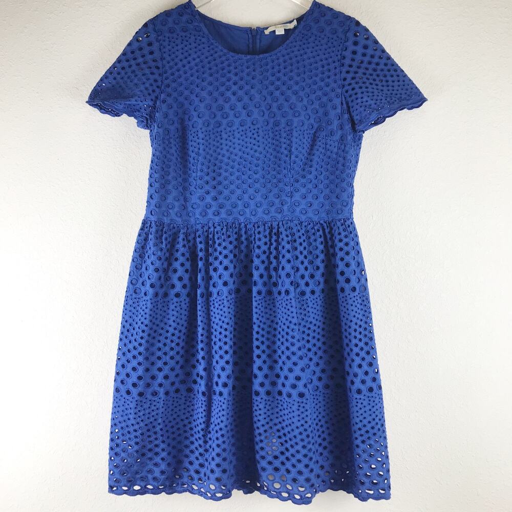 Boden Eyelet Dress Scalloped Short Sleeve Lined Blue Cotton Beach Summer Size 12